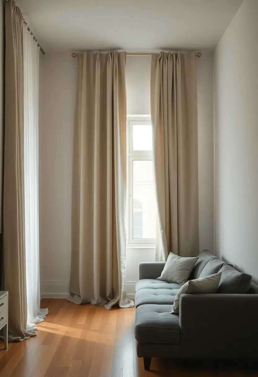 Hyper-realistic view of small minimalist living room with ceiling-height drapery framing entire wall, curtains pool slightly on floor, apartment living room, window not reaching ceiling but curtains do, white walls, oak floor, gray sofa. Materials: floor-to-ceiling linen or velvet drapery, ceiling-mounted rod, white walls, oak floor, gray sofa. Soft natural light, enveloping warm mood. Generous drapery creating intentional cozy feel, shallow depth of field, no text, no logos, no watermarks.</p>