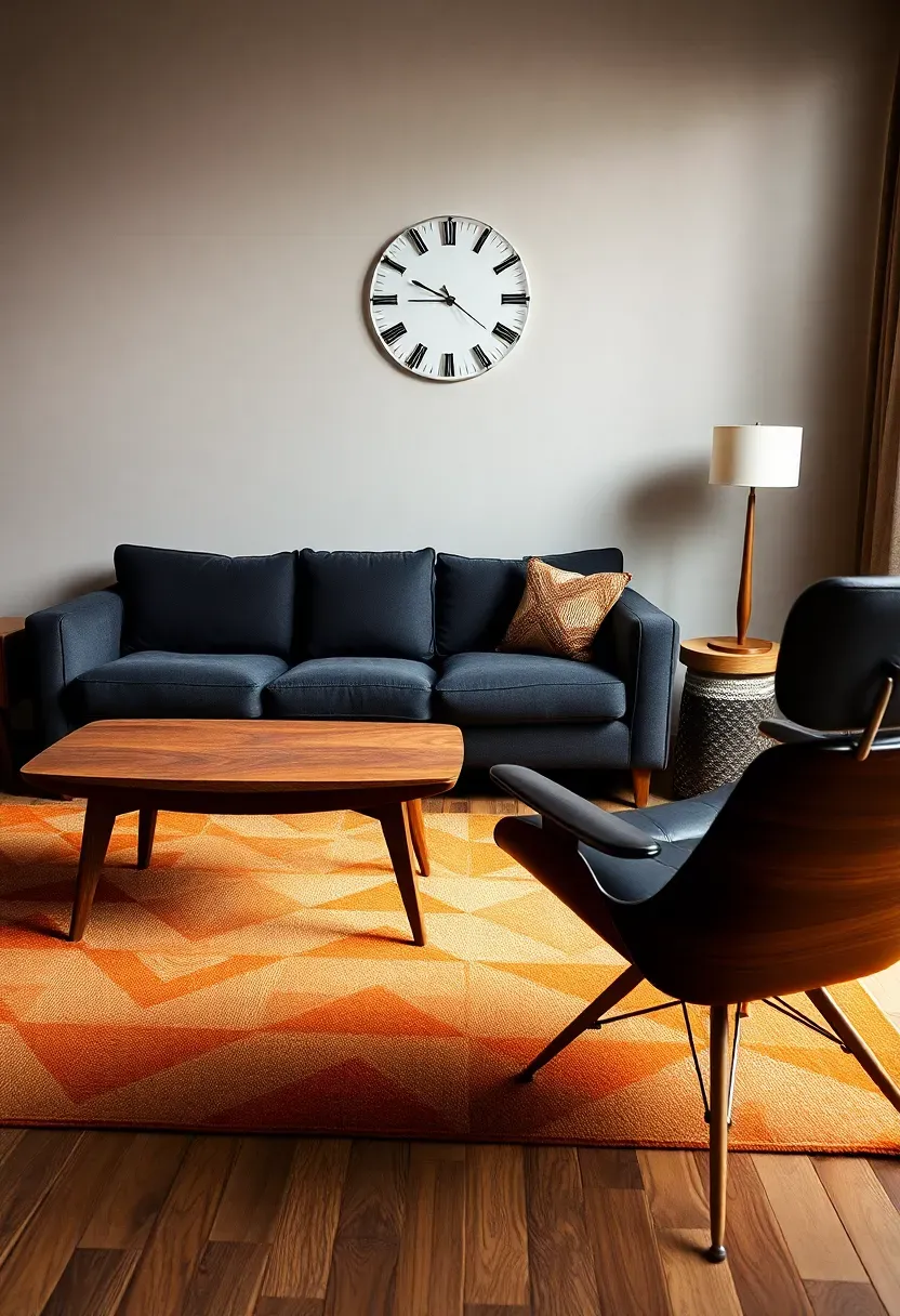 Hyper-realistic 3/4 view of mid-century modern living room with dark grey couch, walnut wood coffee table with tapered legs, teak side table, starburst wall clock, geometric patterned rug with orange and brown, Eames-style lounge chair. Materials: charcoal fabric, walnut wood grain, teak, geometric wool rug, molded plywood chair. Warm ambient light, subtle 1960s architectural shadows. Mid-century mood like preserved 1960s time capsule. Shallow depth of field, visible wood grain and clock detail. No text, no logos, no watermarks.</p>