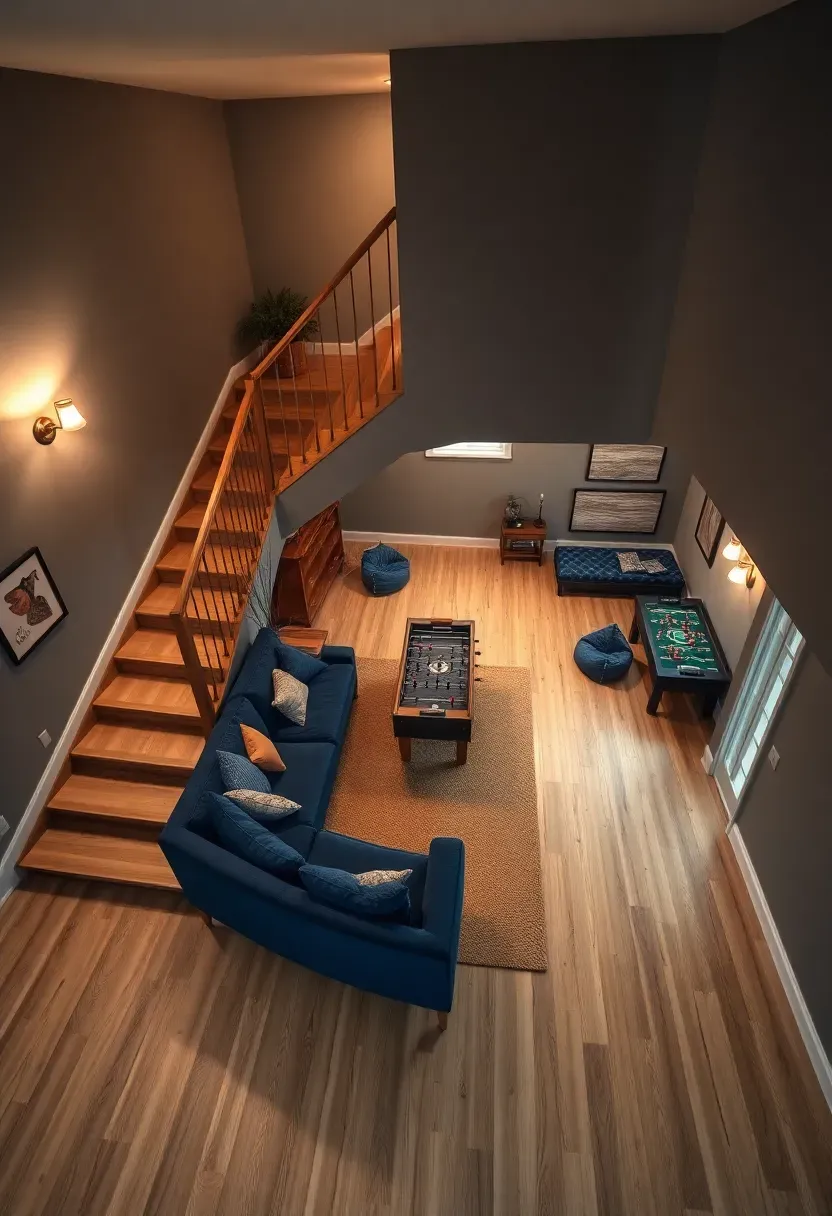 L-shaped basement layout wrapping around a central staircase with a living room on one side and a game room on the other