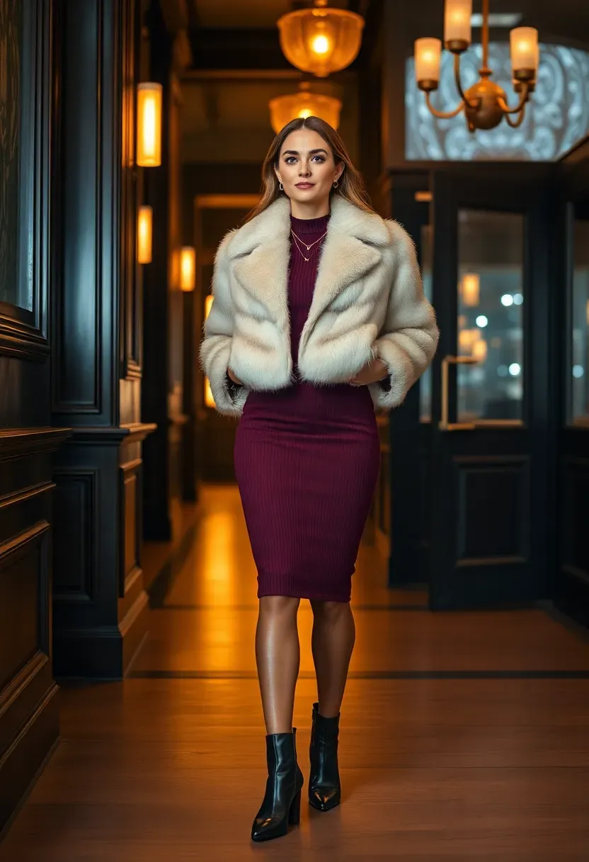 chic faux fur jacket layered over a fitted knit dress for a glamorous winter baby shower arrival