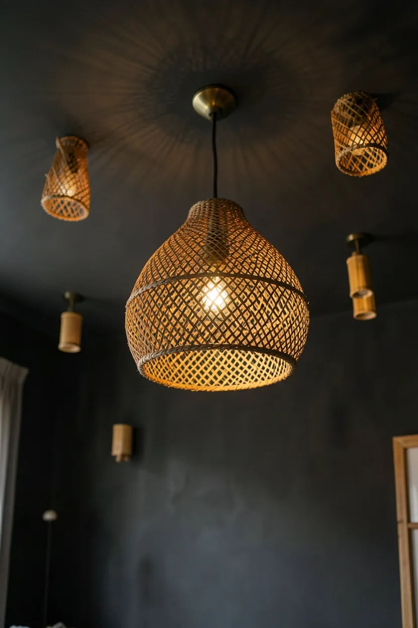 Rattan woven pendant light casting warm shadows in a dark boho living room with charcoal walls and natural wood accents