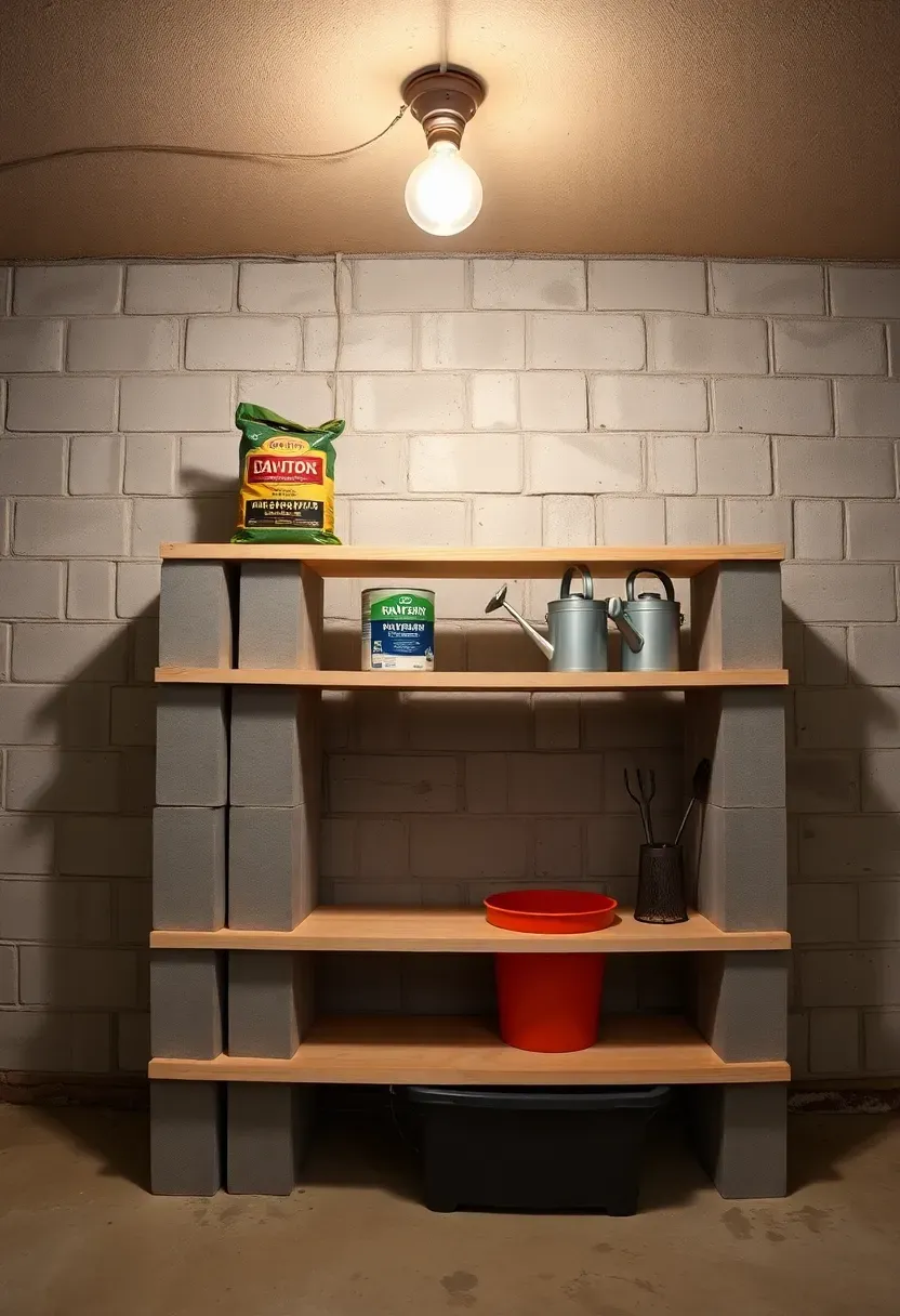 Simple basement shelving made from stacked cinder blocks and long pine boards with paint cans and garden supplies on each shelf