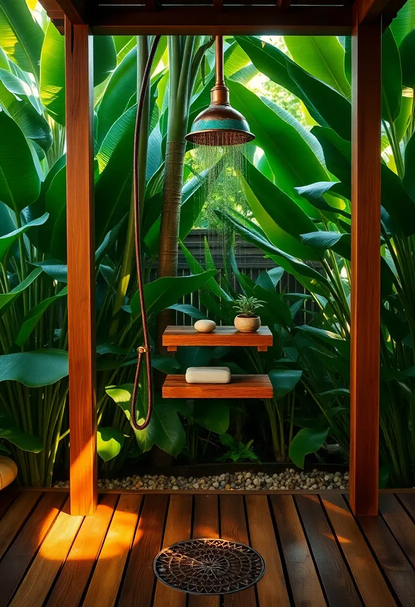 Outdoor shower station with a wooden slatted floor and copper showerhead surrounded by tropical foliage in a backyard oasis