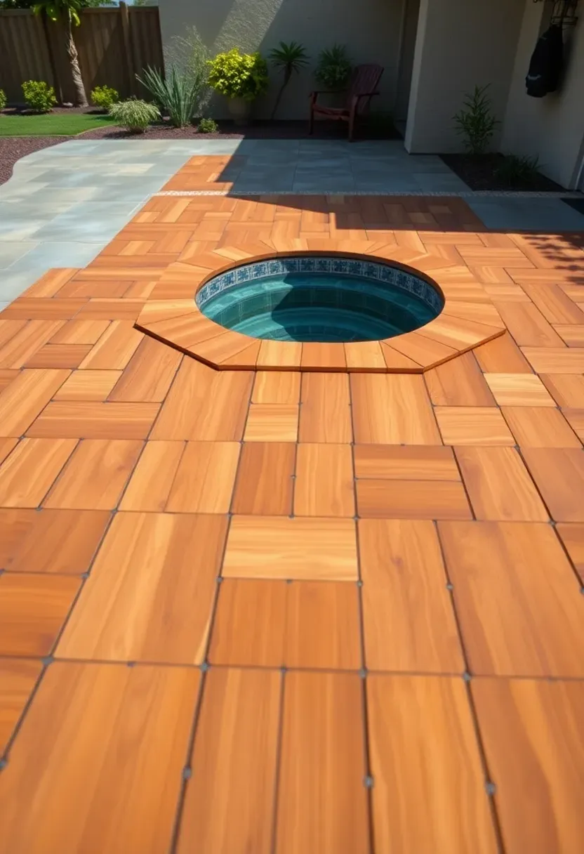 Modular interlocking composite deck tiles arranged around a swim spa on a flat patio surface with a geometric pattern
