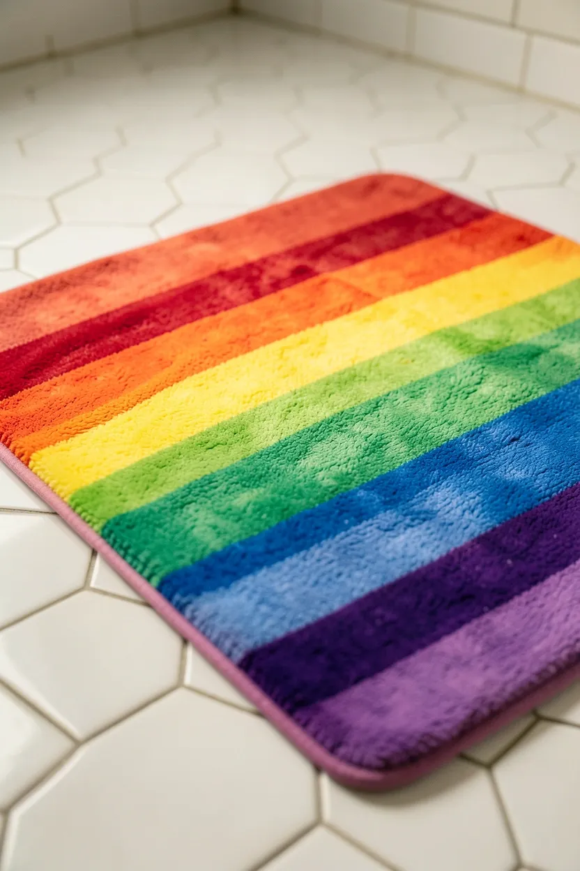 Plush cotton bath mat with a rainbow stripe gradient in front of a white bathtub in a small rental bathroom