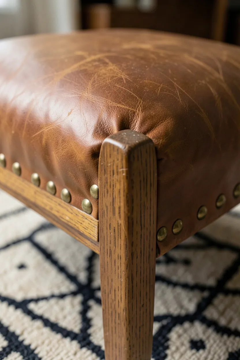Brown leather footstool with decorative brass studs on an oak frame as versatile seating in a vintage Scandinavian living room
