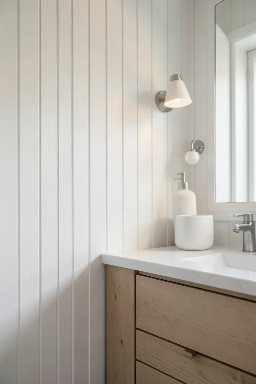 White beadboard accent wall behind toilet adding architectural texture to a compact apartment bathroom