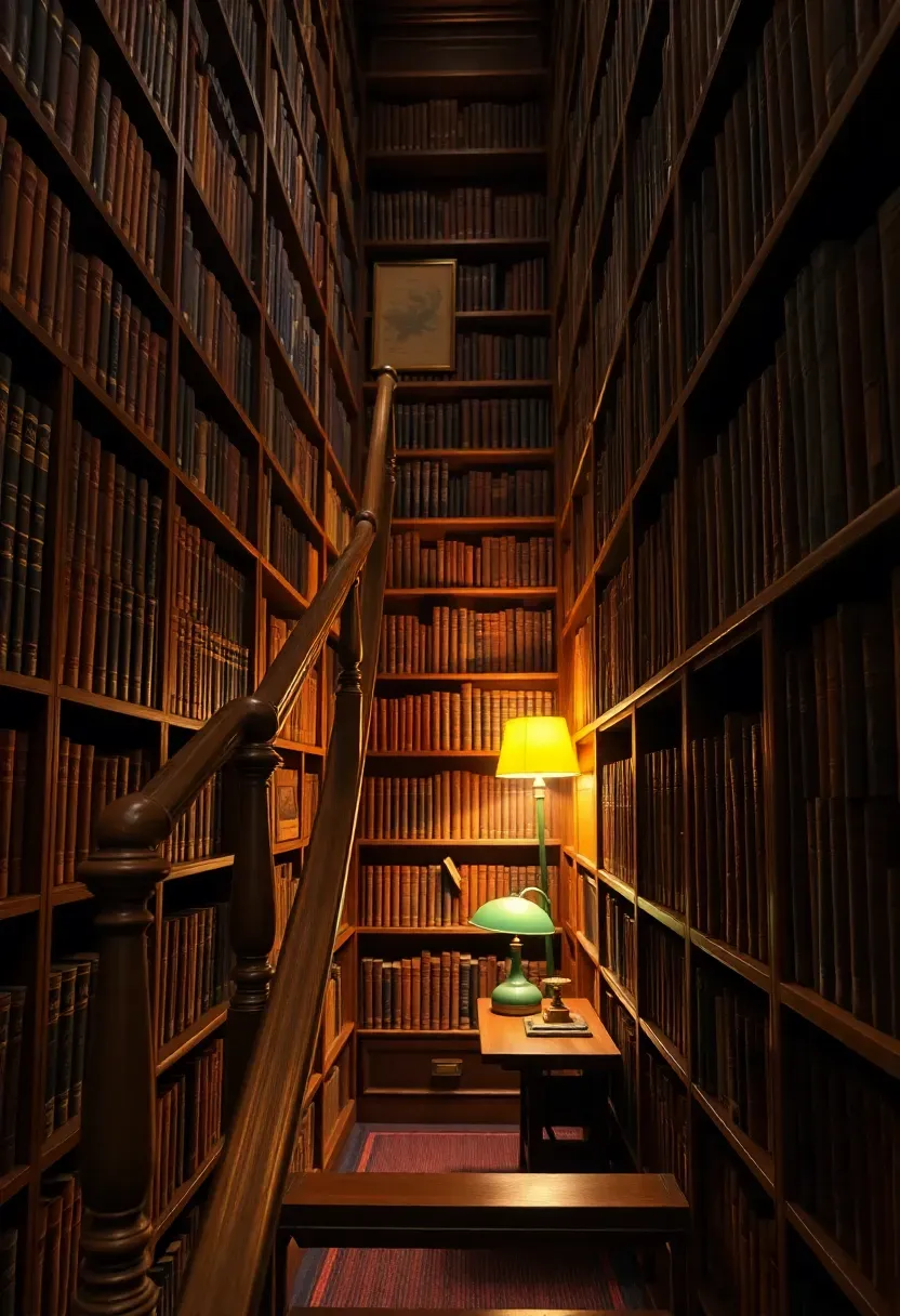 Rolling library ladder on brass rail attached to floor-to-ceiling mahogany bookshelves in a home study, warm reading lamp glow, leather-bound books on every shelf