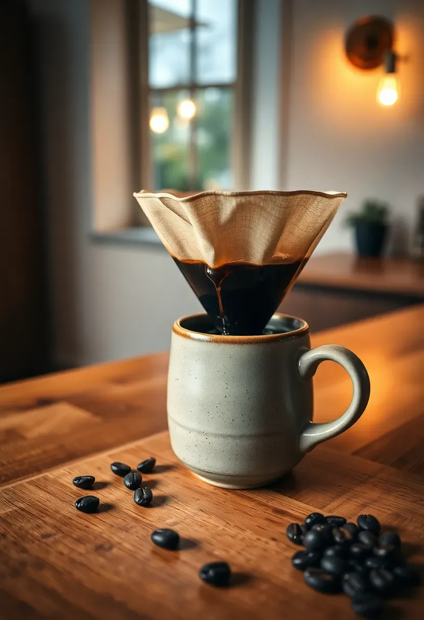 Ceramic pour-over coffee dripper sitting on a handmade mug with freshly brewed coffee and whole beans scattered on a wooden surface