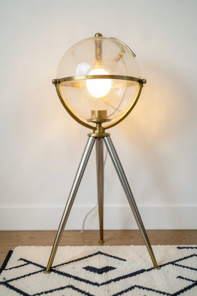 Vintage globe floor lamp with brass tripod base casting ambient light in a cozy mid-century Scandinavian living room