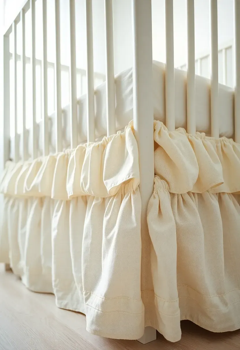 ruffled linen crib skirt in ivory with layered texture in a bright shabby chic nursery