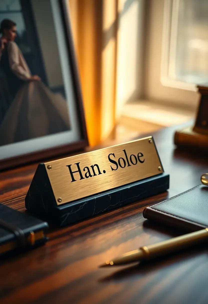 Personalized brass desk name plate with engraved lettering on a polished wooden desk with a pen and notebook nearby