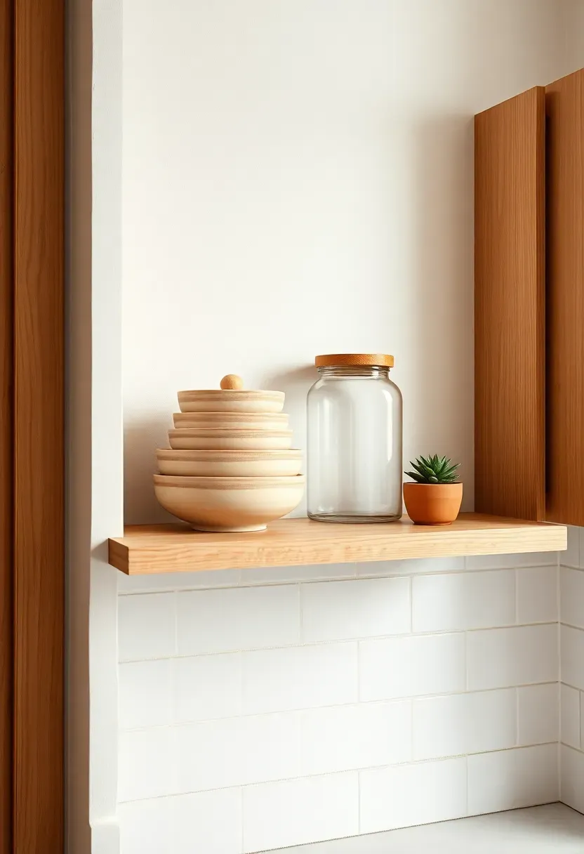 Natural white oak floating shelves mounted on a white wall in a small kitchen displaying ceramic dishes, glass jars, and a small potted plant