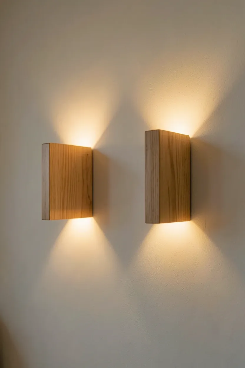 Pair of minimalist natural wood wall sconces casting warm ambient glow in an organic modern apartment living room