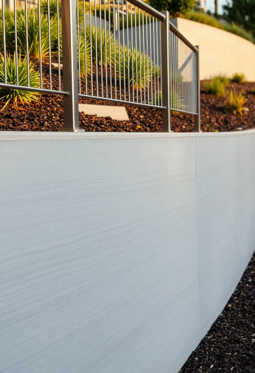 Poured concrete retaining wall with a smooth gray finish holding back a hillside garden in a backyard with steel railing on top
