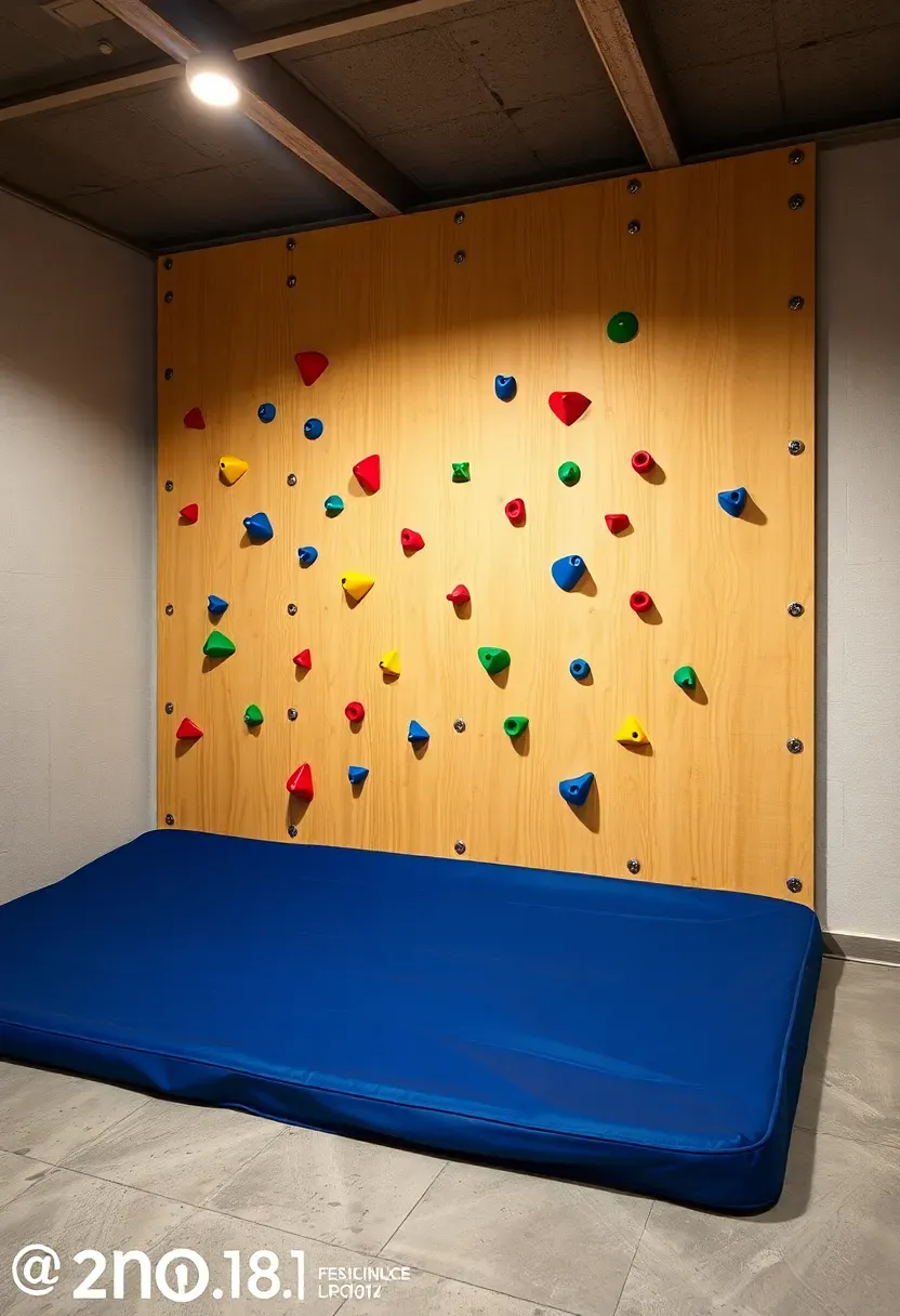 colorful indoor climbing wall in basement playroom with crash pad below