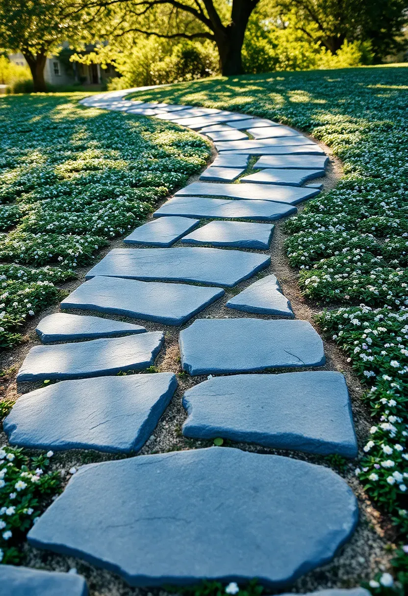 Garden path of large irregular stone slabs set into a carpet of flowering ground cover with tiny white and purple blooms between each stone