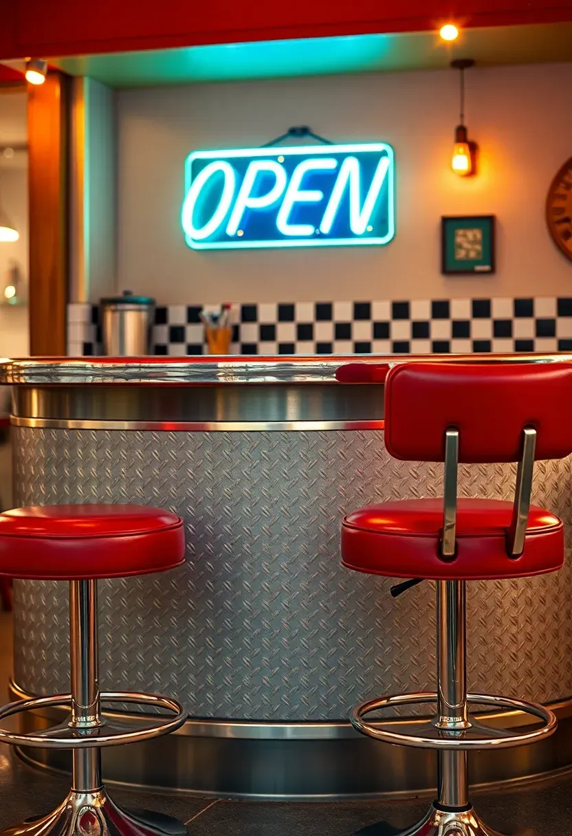 Retro 1950s-style outdoor bar with chrome trim, red vinyl stools, checkered backsplash, milkshake mixer, and neon sign in a backyard patio