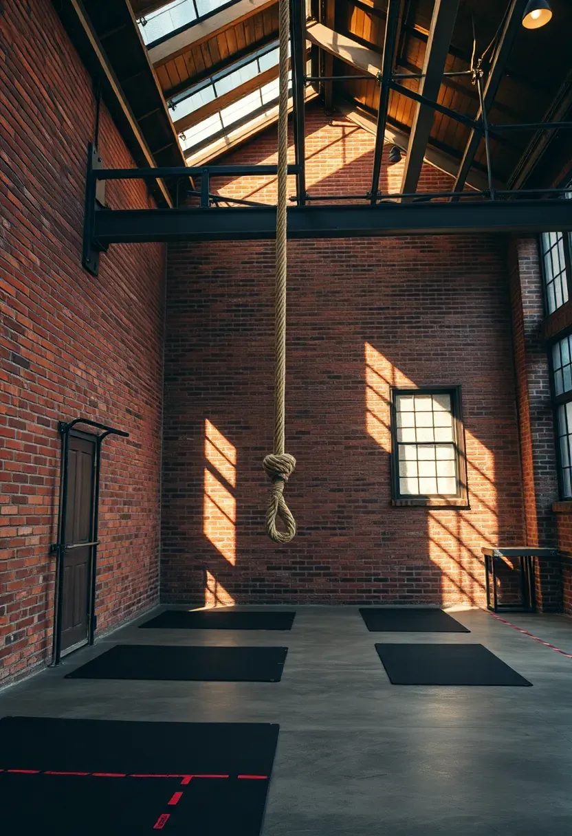 Industrial loft CrossFit gym with exposed brick walls, steel rig, rope climb anchor, and concrete floors with rubber mats