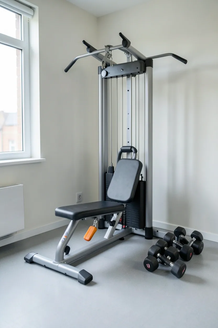 Compact all-in-one gym machine positioned against wall in small apartment workout room with clear floor space