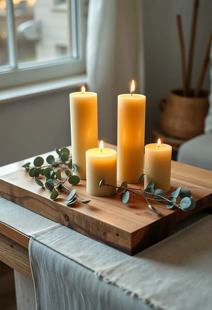 Cluster of five pillar candles in varying heights arranged on a rustic wooden tray on a sunroom side table with dried eucalyptus stems and a linen runner beneath