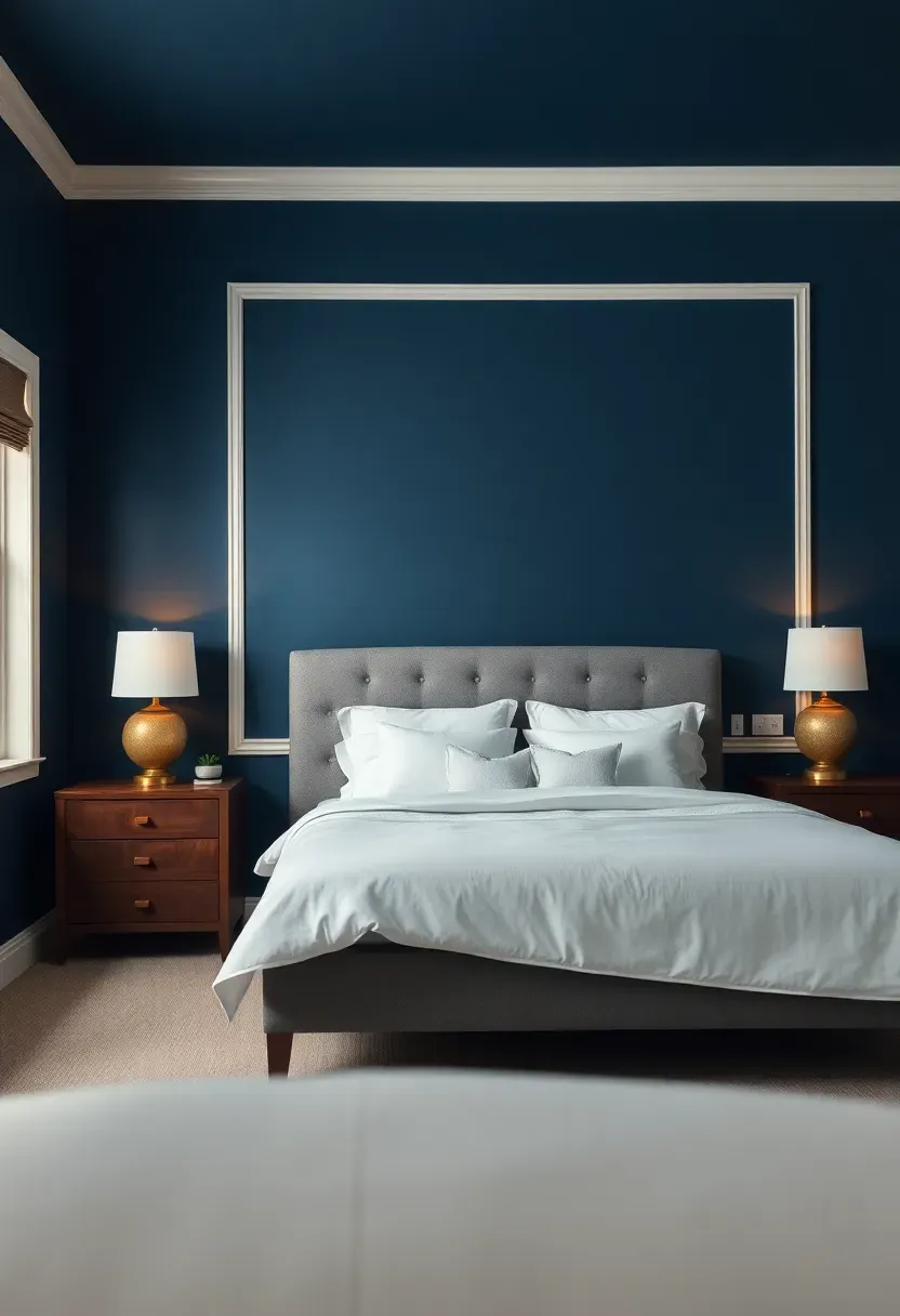 Hyper-realistic 3/4 view of serene bedroom with deep navy blue walls, white trim and crown molding, upholstered bed with white linens, walnut nightstands with brass lamps. Materials: matte navy paint, crisp white bedding, dark walnut wood, polished brass. Warm diffused light from brass lamps (2700K), soft window light from left. Calm sanctuary mood, shallow depth of field with sharp bed details foreground. No text, no logos, no watermarks.</p>