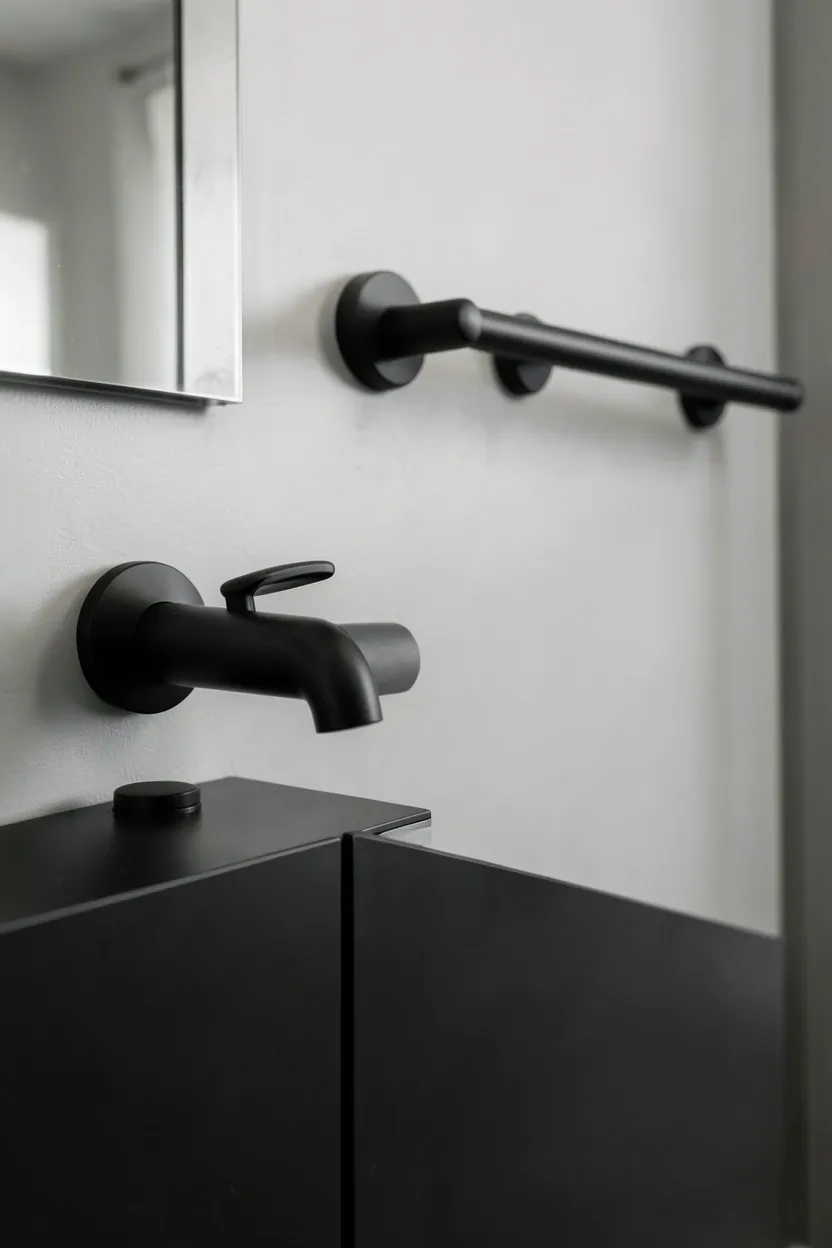 Cohesive matte black bathroom fixtures including faucet, shower head, towel bar, and cabinet hardware against white subway tile