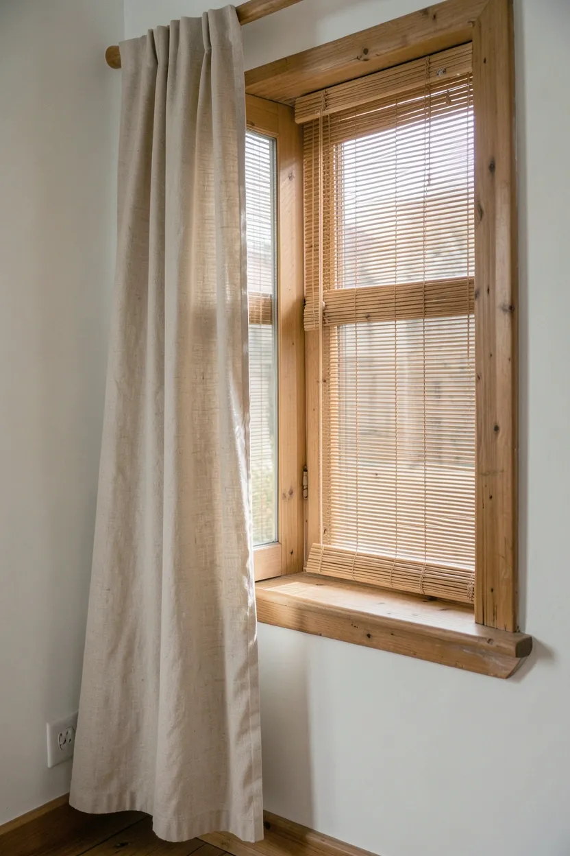 Layered natural unbleached linen curtains over woven bamboo blinds framing a window in a warm Nordic living room