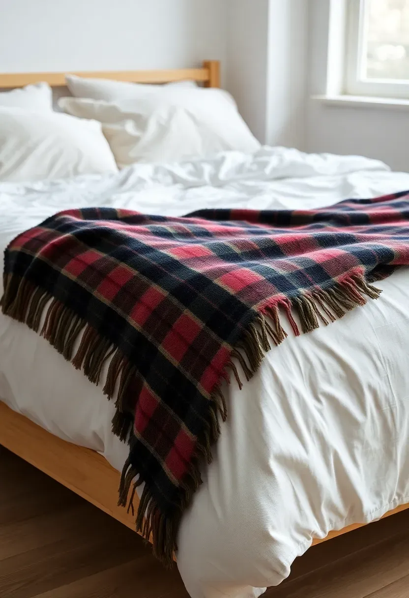 Hyper-realistic 3/4 view of serene bedroom with plaid wool throw blanket folded across foot of white duvet-covered bed. Classic tartan pattern in muted burgundy, forest green, and black on cream background. Chunky wool texture visible. Pillows in neutral linen cases, light wood bed frame. White walls, light oak floor. Materials: wool plaid throw, linen pillowcases, cotton duvet. Natural light from window, plaid throw adding festive warmth and texture. Minimal Christmas bedroom style. Shallow depth of field, sharp details on wool texture. No text, no logos, no watermarks.</p>