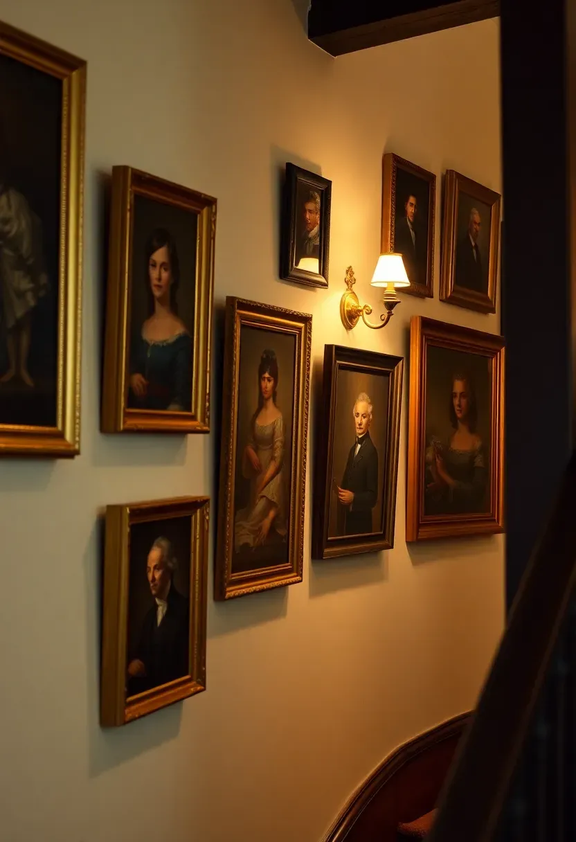 gallery wall of oil portraits in gilded frames along a colonial staircase wall