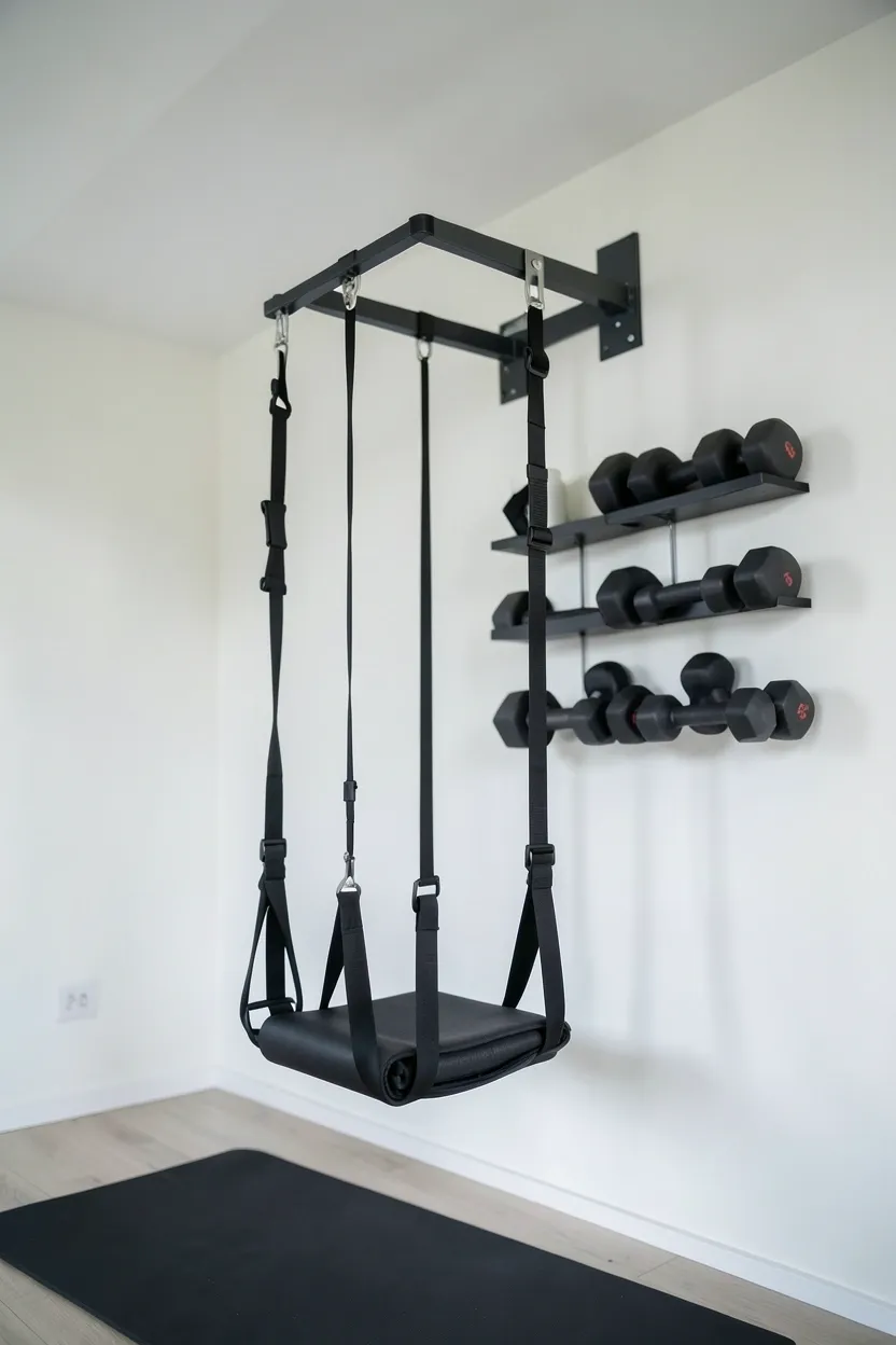 Wall-mounted suspension trainer station with integrated hooks for accessories in a compact home gym — smart storage combined with functional training zone
