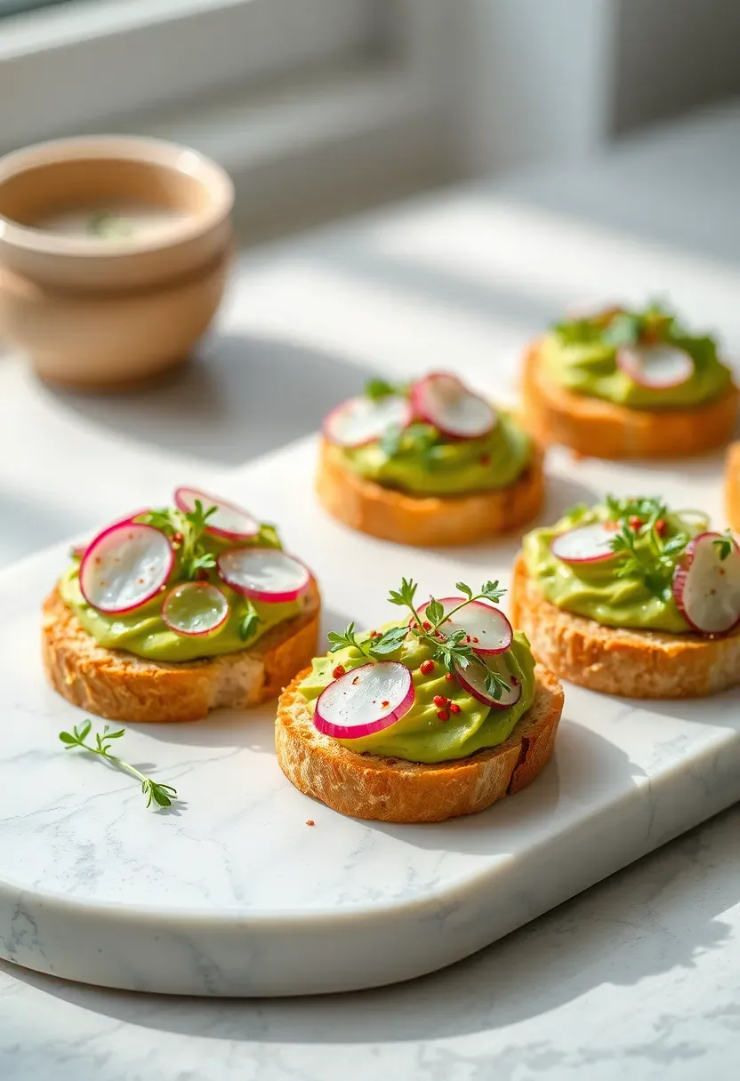 mini avocado toast bites on toasted sourdough rounds with radish slices and microgreens for a baby shower snack
