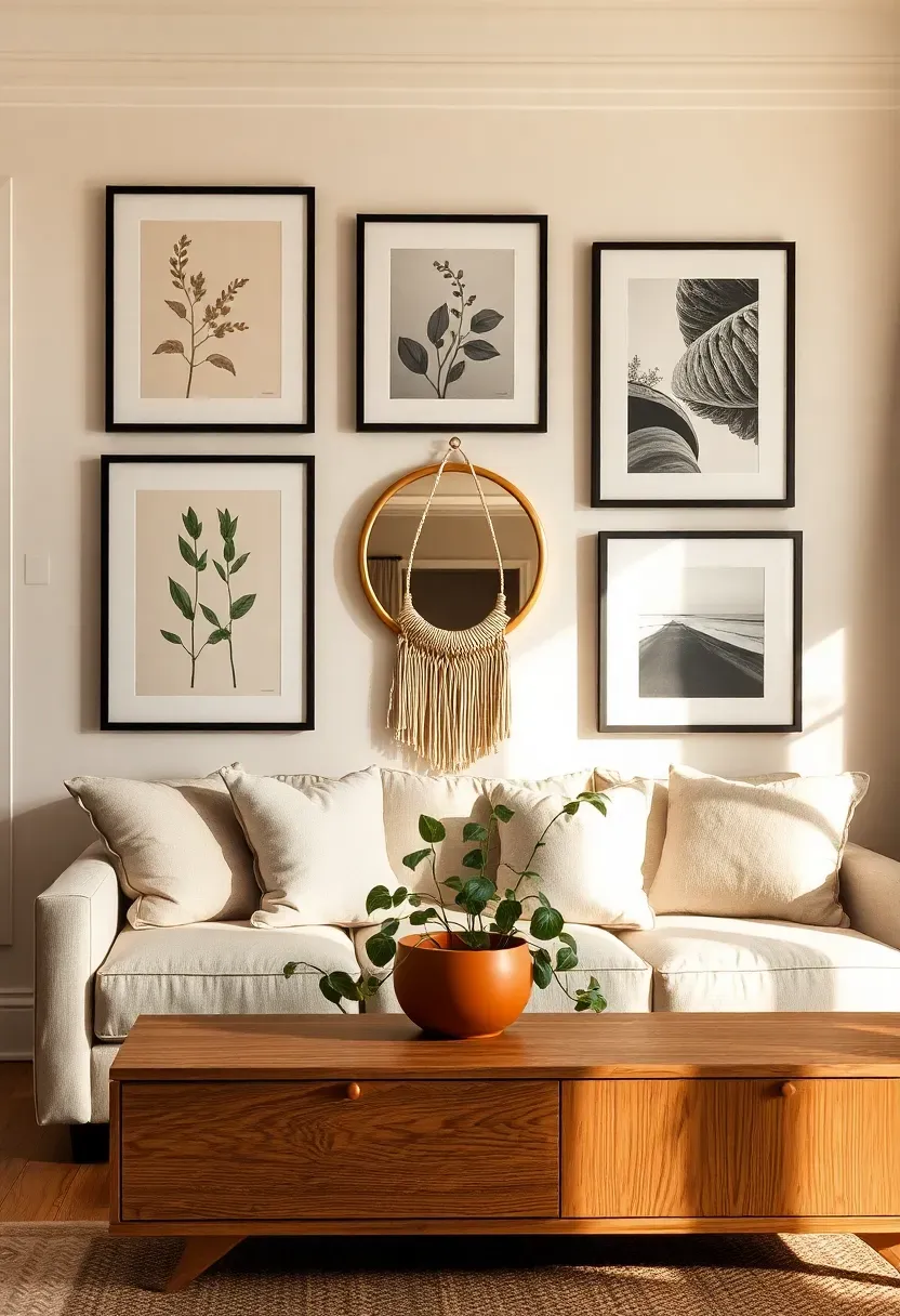 Finished gallery wall photographed from across the living room — warm art display above a linen sofa, soft afternoon light, curated mix of frames and a potted plant on a console below