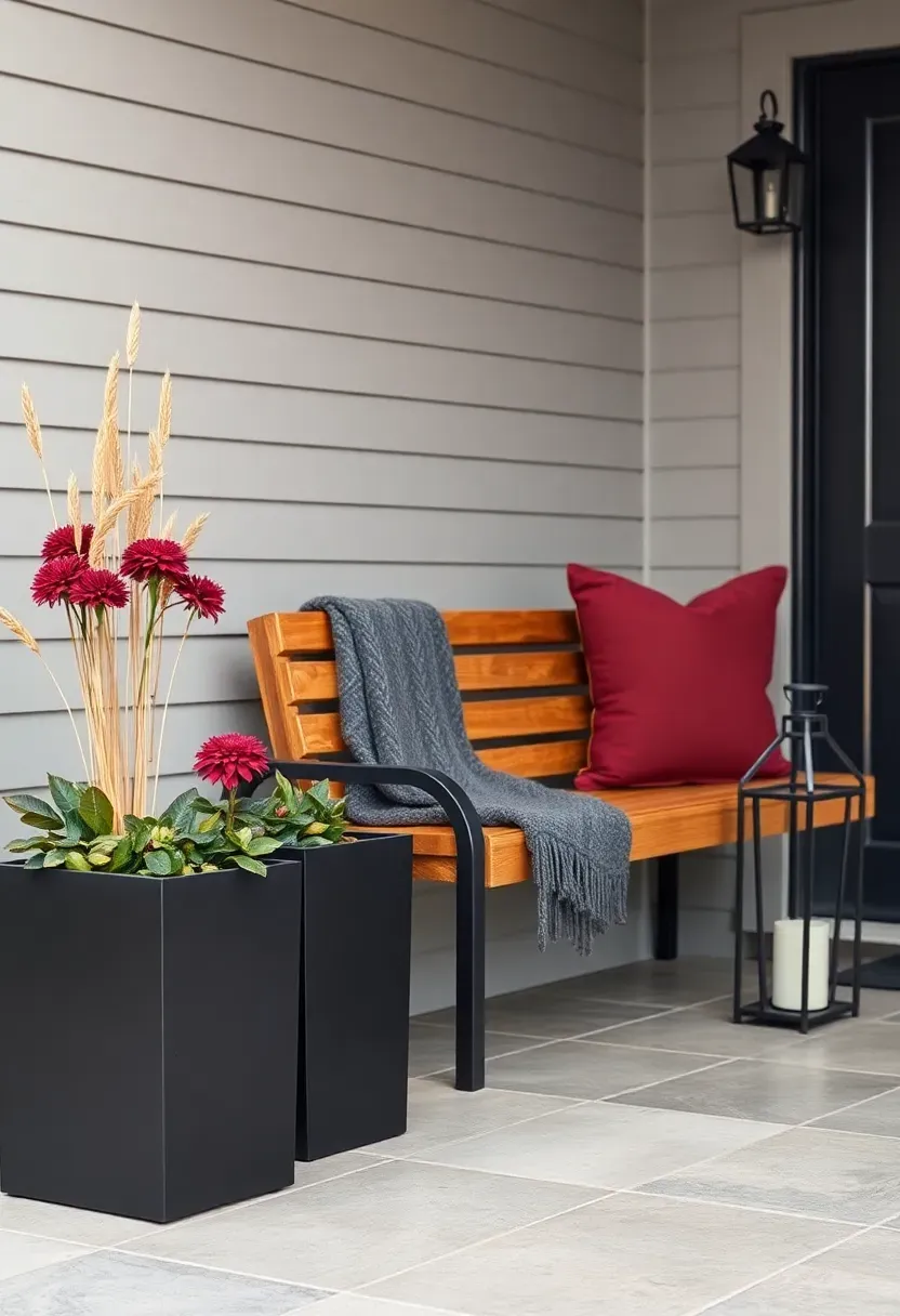 Hyper-realistic wide shot of a contemporary front porch with metal and wood fusion decor. Two matte black powder-coated rectangular planters contain burgundy mums and dried wheat stalks. A teak bench with sleek lines sits against the wall, layered with a charcoal wool throw and two pillows in burgundy outdoor fabric. Black metal geometric lanterns sit on either side of a matte black front door. Porch floor is large-format slate tile. Soft overcast daylight. Visible modern facade with horizontal siding. No text, no logos, no watermarks.</p>
